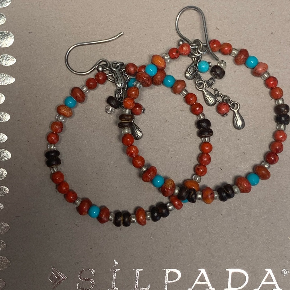 Silpada Rare Sterling Silver Coral, Turquoise, Wood, Shell Bead Hoop Earrings